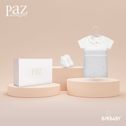 Paz Rodriguez 2-Piece (Romper, Knitted Shoes) Gift Set - Grey & White
