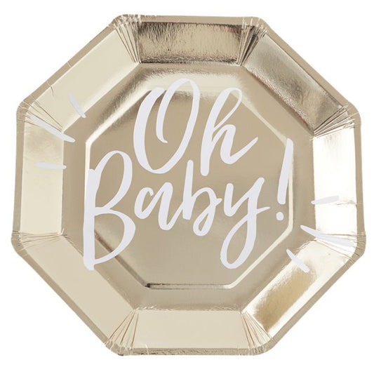 Baby Shower Gold Paper Plates - 'Oh Baby'