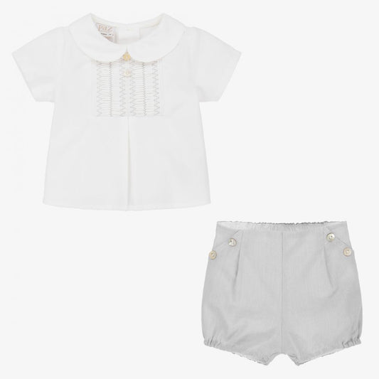 Paz Rodriguez 2-Piece (Shorts, Blouse) Set - Grey and White