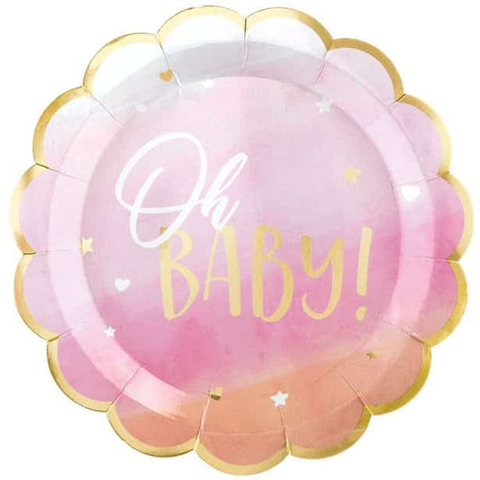 Baby Shower Pink Paper Plates - 'Oh Baby'