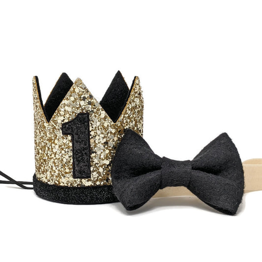 Boy Glitter Gold & Black Crown with Matching Bow Tie - 1