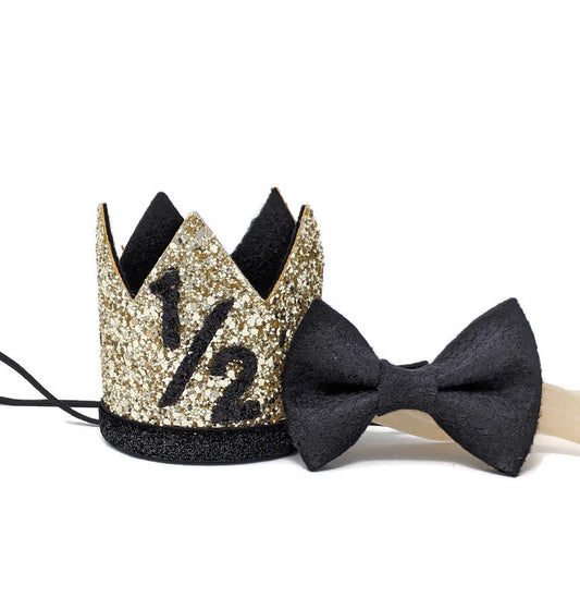Boy Glitter Gold & Black Crown with Matching Bow Tie - 1/2