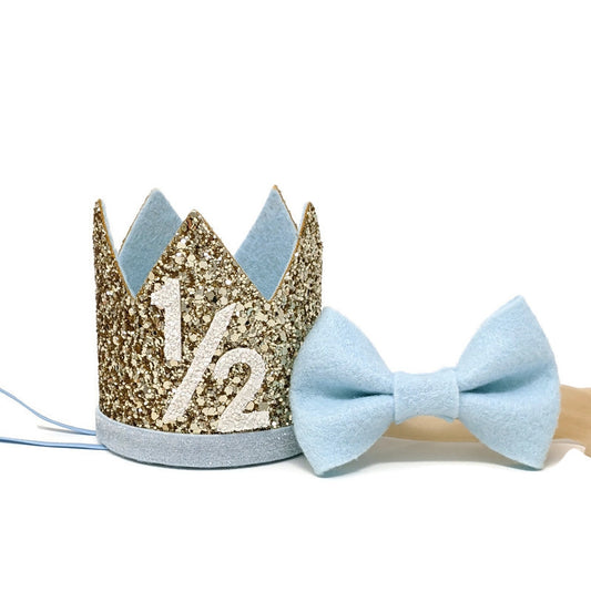 Boy Glitter Gold & Blue Crown with Matching Bow Tie - 1/2