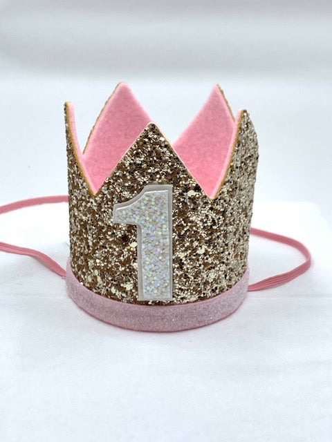 Baby Girl Glitter Gold & Pink Crown - 1