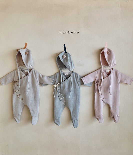 Striped Onesie & Bonnet Set - Grey
