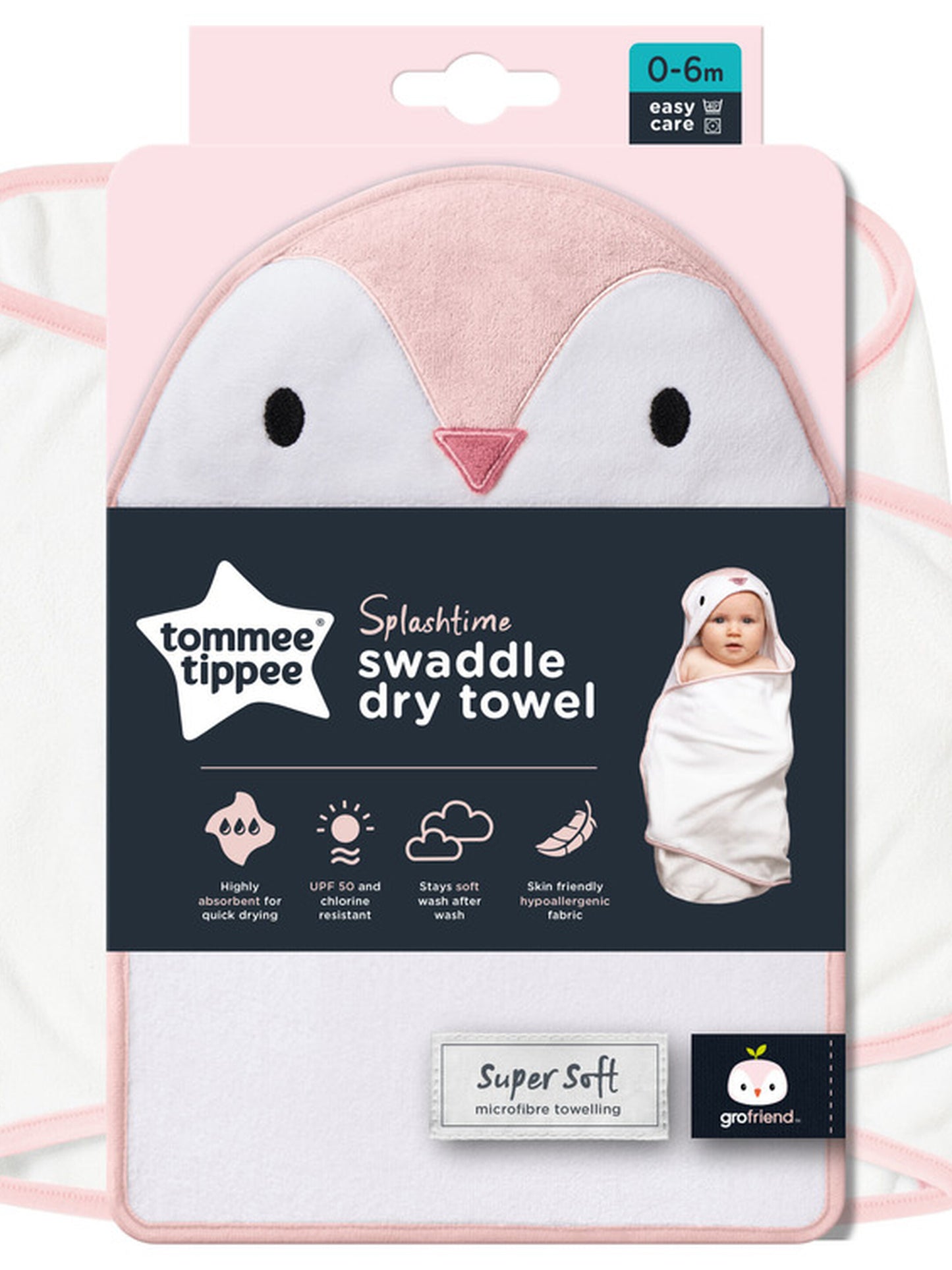 Tommee Tippee Splashtime Newborn Swaddle Dry Towel - Pink