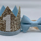 Boy Glitter Gold & Blue Crown with Matching Bow Tie - 1