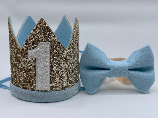 Boy Glitter Gold & Blue Crown with Matching Bow Tie - 1