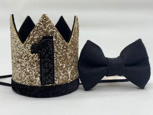 Boy Glitter Gold & Black Crown with Matching Bow Tie - 1