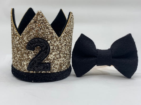 Boy Glitter Gold & Black Crown with Matching Bow Tie - 2