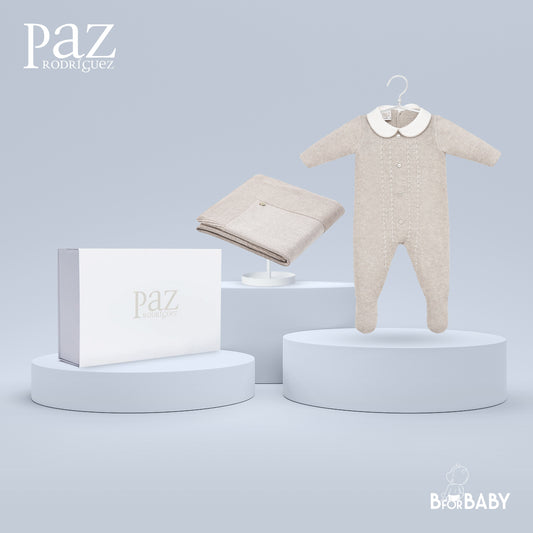 Paz Rodriguez 2-Piece Knitted (Romper, Blanket ) Gift Set- Beige