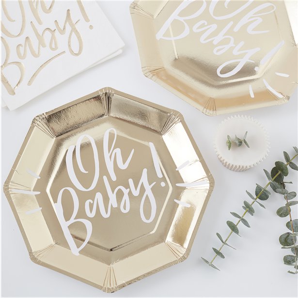 Baby Shower Gold Paper Plates - 'Oh Baby'