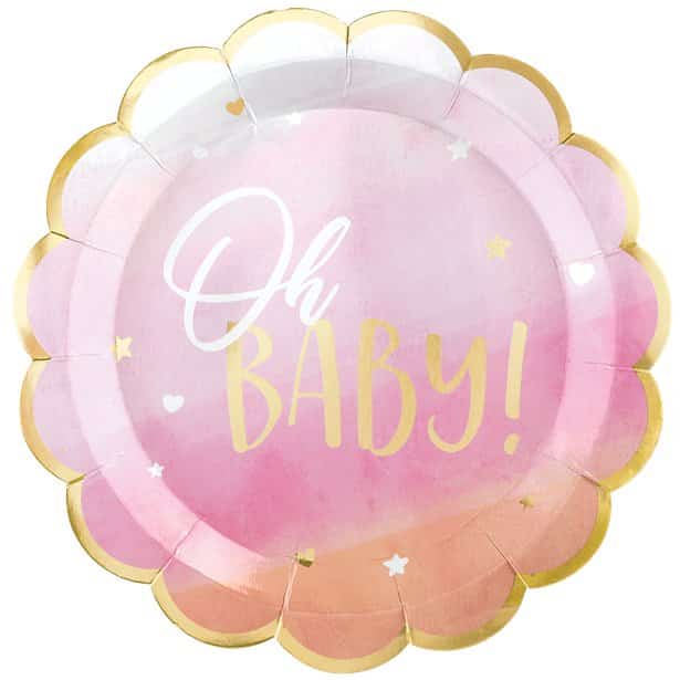 Baby Shower Pink Paper Plates - 'Oh Baby'