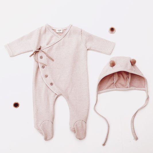 Striped Onesie & Bonnet Set - Pink