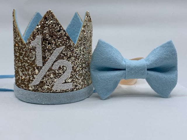 Boy Glitter Gold & Blue Crown with Matching Bow Tie - 1/2