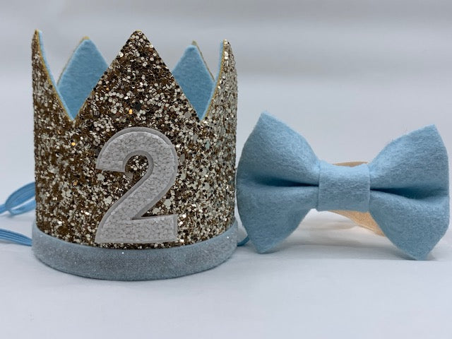 Boy Glitter Gold & Blue Crown with Matching Bow Tie - 2