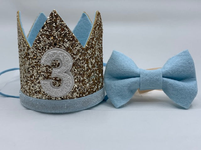 Boy Glitter Gold & Blue Crown with Matching Bow Tie - 3